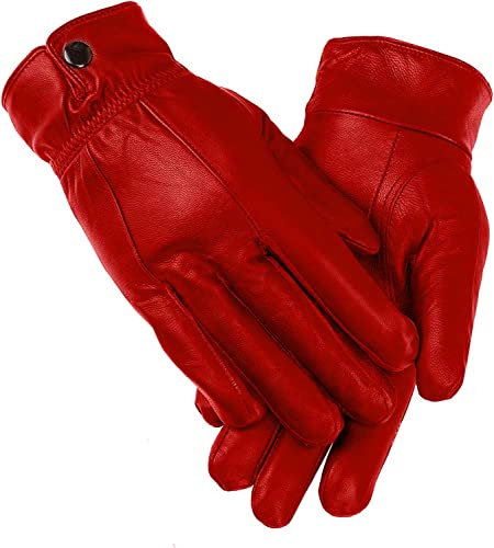 Gants en cuir pour femme - Extra doux et chauds - Imperméables, rouge vif, M-L