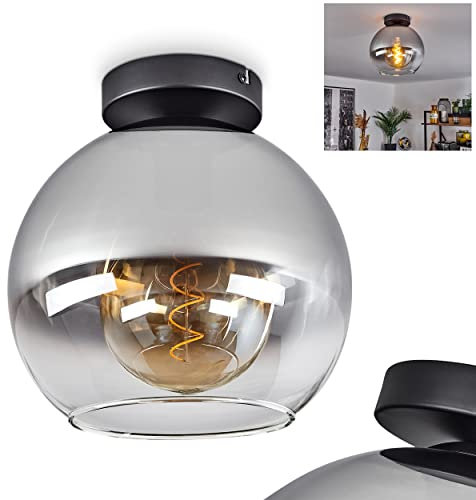 Deckenleuchte Koyoto, moderne Deckenlampe aus Metall/Glas in Schwarz/Rauchfarben/Klar, 1-flammige Leuchte im Retro/Vintage-Design mit Schirm aus Glas (Ø 25 cm), 1 x E27, ohne Leuchtmittel