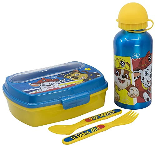 Set de botella de aluminio de 400 ml y fiambrera con cubiertos de La Patrulla Canina