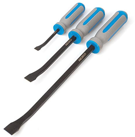 NEIKO 00251A Pry Bar, 3 Piece Angled Tip Pry Bar Set, 8, 12 & 17.5 Crow Bar with Go Through Striking Cap, Textured TPR Breaker Bar Handles, Heavy Duty Black Oxide Coated Chromium Steel Small PryBar