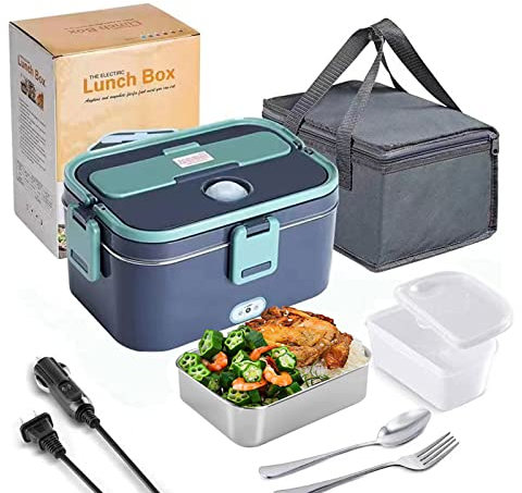 Elektrische Lunchbox,1,8L 60W,3-in-1 Lunchbox Elektrisch ür Essen 12V/ 24V/ 220V,Speisenwärmer Auto,Tragbarer Warmhaltebehälter mit Gabel & Löffel,Elektrisch Brotdose Edelstahl für Auto Büro Schule