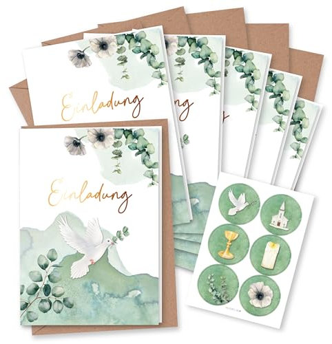 Papierdrachen 6 Einladungskarten für christliche Feste wie Taufe, Kommunion, Konfirmation, Firmung - Motiv Eukalyptus - Klappkarten mit Umschlag und passenden Stickern- DIN A6 - Set 3