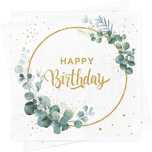 BUSCANDO Servietten Geburtstag Eukalyptus 100Stück Grün 33x33cm Taufe Happy Birthday Napkins Papierservietten Papier Napkins für Party Hochzeit