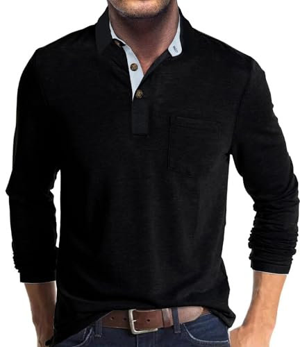Mens Polo Shirts Long Sleeve Tops Casual Shirt Golf Top Cotton Tee Basic T-Shirt Knitted Buttons Black M