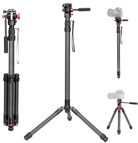 Koolehaoda Monopiede in Fibra di Carbonio da 185 cm per Fotocamera, con Base per Treppiede Rimovibile e Testa Fluida Monopiede Portatile con Tubo Φ32 mm per Fotocamera DSLR Canon Nikon Sony