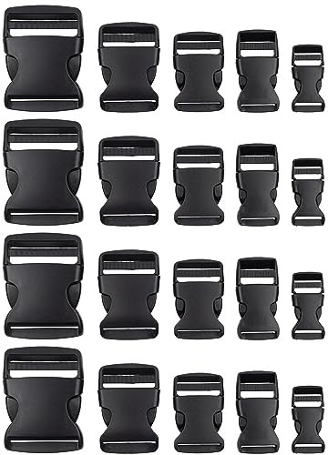 Steckschnallen Set, 24 Stück, jede Größe 4 Mal, 15 mm, 20 mm, 25 mm, 32 mm, 38 mm und 50 mm, in Schwarz, aus Kunststoff, Steckschnallen-Klickverschluss, Ersatz Steckverschluss Reparatur, Gurtschnalle