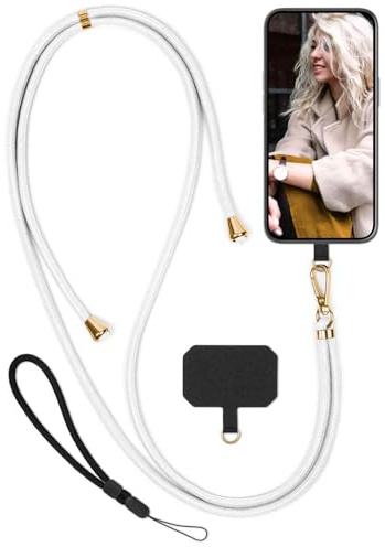 moex Unleash für Samsung Galaxy A54 5G Handyband zum Umhängen ohne Hülle, Handykette Universal mit Karabiner, Handy Band abnehmbar, Kette mit Pad für Handyhülle, Weiß, Gold