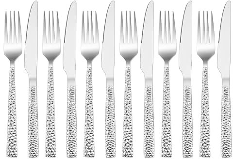 HaWare Steakbesteck Set, 12-teiliges Edelstahl Tafelmesser und Tafelgabel für 6 Personen, Messer und Gabel Besteck Set mit Hammergriff, Steakmessr Set für Haus/Party/Restaurant, Spülmaschinenfest