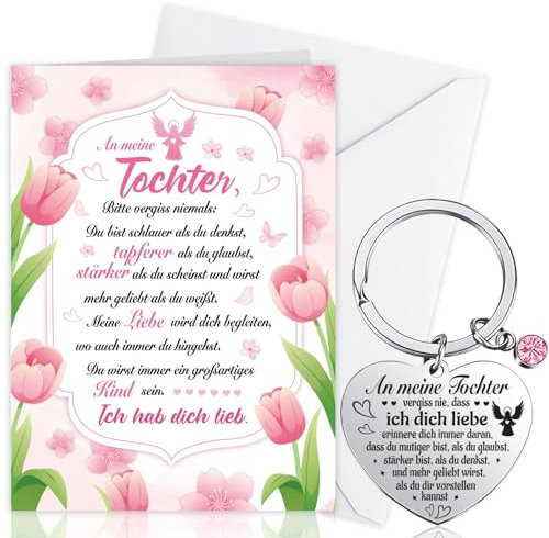 HOWAF Tochter Geschenke von Mama Papa, An meine Tochter Geburtstagskarte für Tochter Karte Geburtstag Lasergravierter Edelstahl-Schlüsselanhänger Tochter Schlüsselanhänger Mum and Dad