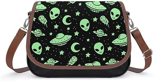 OTRAHCSD Umhängetasche Grün Alien Moon UFO Crossbody Bag Leder Handtasche für Damen Reise Arbeit Alltag, Green Alien Moon Ufo, Einheitsgröße