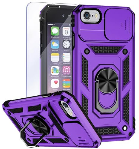 Teayoha Camera Case for iPhone SE 2022/2020, iPhone 7/8,with Screen Protectors, Military Grade Shockproof Cover with Magnetic Rotatable Ring Kickstand Protective Case (4.7-Inch),Purple