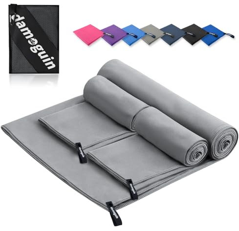 damoguin 3er-Set Mikrofaser Handtuch, Groß (180*80cm) & 2 Stück Klein (80*40cm) Schnelltrocknende Microfaser Fitness Handtücher, als Sporthandtuch, Strandtuch, Badetuch und Reisehandtuch (Hellgrau)