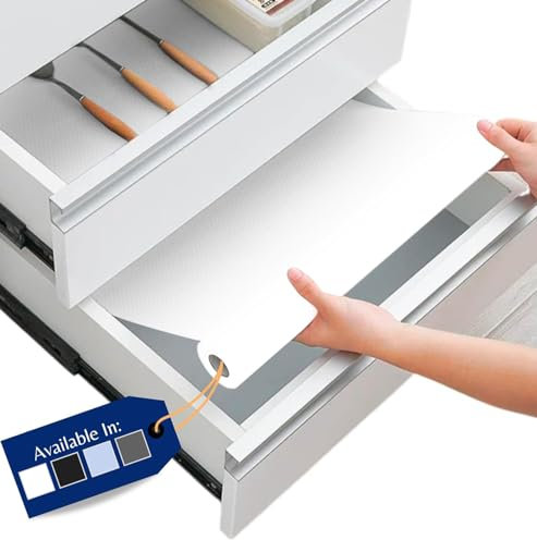 Schubladenmatte von Linda's Essentials (44.5 x 500 cm) - Antirutschmatte Schubladen Schrankfolie Schrankpapier abwaschbar, Kühlschrank Folie die Schubladen und Regale sauber hält - Zuschneidbar (Weiß)