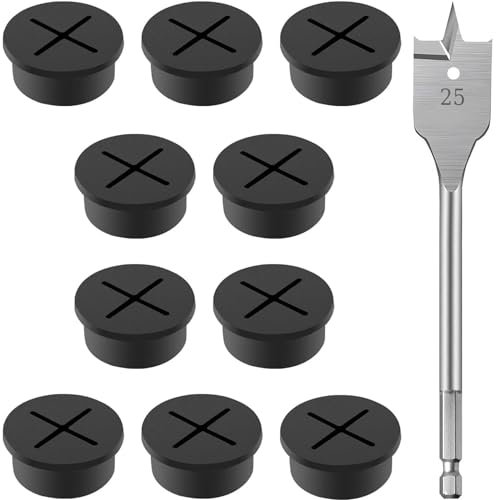 Taiyyi Lot de 10 passe-câbles flexibles en silicone - 25 mm - Passe-câbles - Pour bureau, table d'ordinateur - Avec foret de 25 mm (noir, blanc)