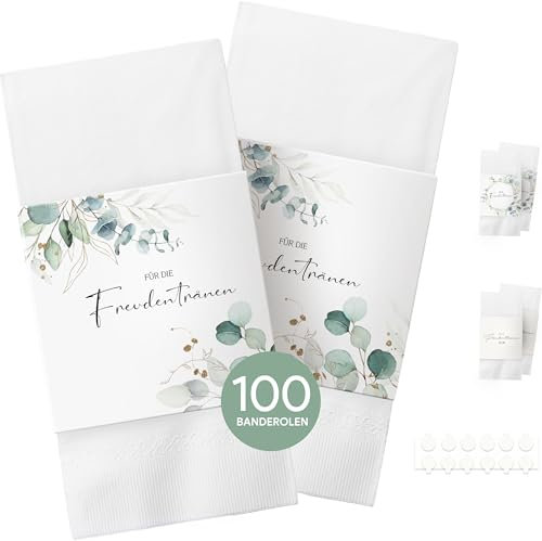 100x Freudentränen Taschentücher Banderole, Banderolen als Deko für Gäste-Taschentücher, Taschentücher Hochzeit Freudentränen, inkl. Klebepunkte zum verschließen (Taschentücher nicht enthalten)
