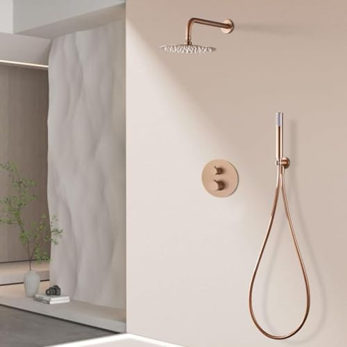 IMEX - Ducha Empotrada Termostática Oro Rosa | Kit de Grifería Empotrado con Alcachofa y Rociador Antical Efecto Lluvia | Columna Ducha Empotrada con Grifo en Latón y Acero Inox S.304| Serie Line