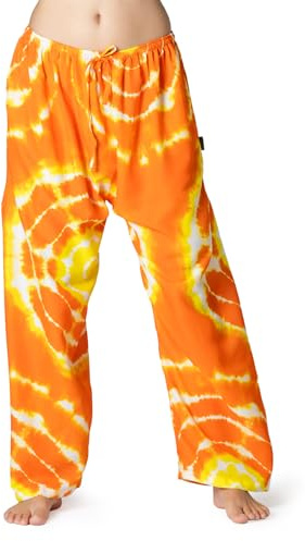 PANASIAM leichte Sommerhose Damen - Strandhose - Loungehose mit weitem Bein | Haremshose Sunrise, 100% Viskose, luftige Relaxhose mit Gummibund & Taschen, Tie-Dye Batik in leuchtenden Farben