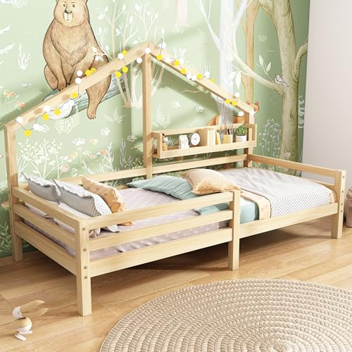Hausbett 90x200, Kinderbett mit Ablageregal und Rausfallschutz, Kleinkinderbett Jugendbett aus Kiefer Bettgestell Flachbetten für Haus Kinder Jungen & Mädchen, inkl. Lattenrost, ohne Matratze, Natur