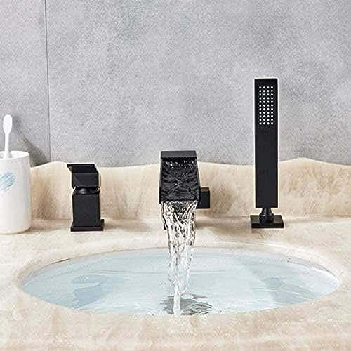 Robinet Robinet de Baignoire Cascade Noir Mat Robinet mitigeur de Baignoire à Bec Long monté sur Le Pont à Une poignée douchette extractible Robinet de Baignoire largement répandu