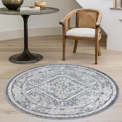 KUTA Orientalischer runder Teppich, 91 cm, grau, waschbar, Boho, Kreis, Innenbereich, rutschfest, Vintage-Medaillon, Foyer, Teppich für Eingangsbereich, Bauernhaus, Küche, Esszimmertisch