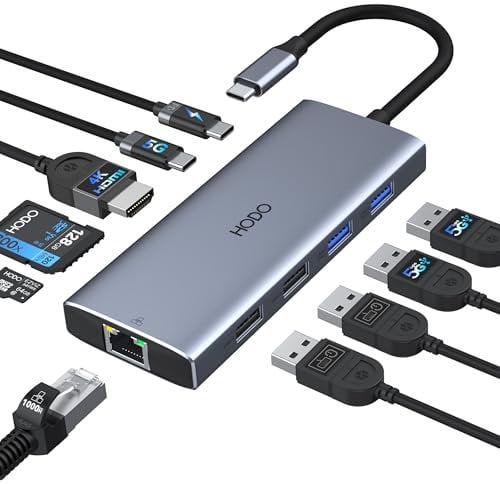 HODO USB C Hub Ethernet für MacBook Air, Adapter Mac Book Zubehör 10 in 1 mit 4K 60Hz HDMI, Ethernet, 100W PD, SD TF Kartensteckplatz, 4USB und USBC Datenport, Type-C Dongle für iPad, Surface