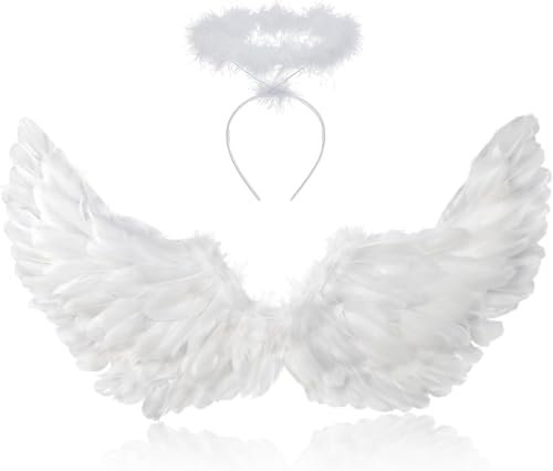 Alas de Ángel Disfraz,Plumas Ángel Alas,Alas Angel Grandes para Adultos,Alas Angel Niños,Alas de Angel Blancas,Alas y Halo de Ángel,Plumas para Cosplay/Carnaval/Navidad/Halloween Fiestas de Disfraces