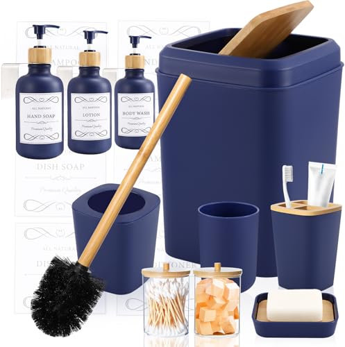XLHOMO Navy Blue and Wood Bathroom Accessories Set 19Pcs, Bathroom Set with Trash Can and Toilet Brush, 3PCS Drill Free 17oz Soap Dispenser Wall Mounted, Toothbrush Holder, Cup, Soap Dish, Qtip Holder