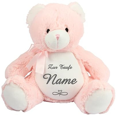 Schnoschi Kuscheltier mit Namen oder Initialen Bestickt, personalisiertes Stofftier, individuelles Schmusetier mit Wunschnamen (Bär (rosa))