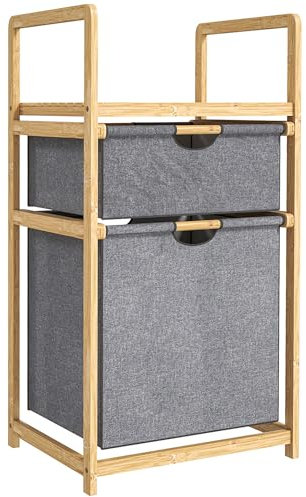 HOMCOM Panier à linge en bambou corbeille à linge sale avec 2 sacs en tissu coulissants et étagère à lattes, bac à linge pour salle de bain, chambre à coucher, buanderie, naturel