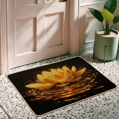 Golden Water Lily Flower Doormat, Yellow Water Lily Door Mat for Outdoor & Indoor Entrance Zen, Rubber Waterproof Non-Slip Dust Absorbent Front Doormat, Easy Clean 29x17 Inch