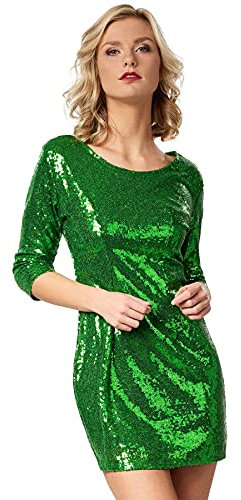 dressforfun Kostüm Damen, kurzes Paillettenkleid, Glitzer Kleid, Langarm Glitzer Oberteile Damen mit Glitzer Rock, Faschingskostüm, Karneval, sexy Disco Kostüm Damen, Rave Outfit Damen, grün, M