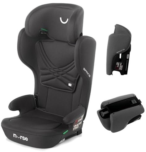 Nurse by Jané Spring, Silla de Coche iSize, 100 a 150 cm, 4 a 12 Años, Isofix, Silla Coche de Viaje, Portátil, Plegable, Reclinado Multiposición, Negro, Spring i-Size