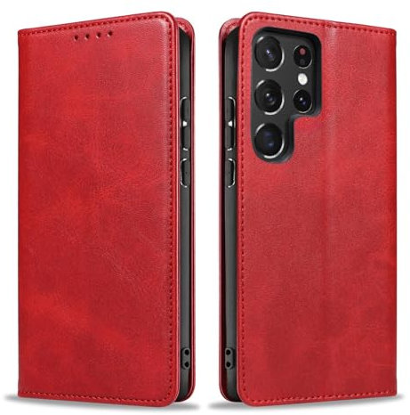 LBH Handyhülle Smartphone-Hülle für Samsung Galaxy S22 Ultra Klapphülle Magnetverschluss Kartenfächer Geldfach Standfunktion Case Etui Rundumschutz Schutzhülle Rot