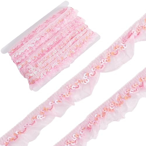 GORGECRAFT 11 m di Pizzo in Chiffon Plissettato Rosa con Paillettes, Elastico, in Organza, Nastro da 3cm, con Balze Arricciate, Elastico, per Cucire, Confezioni Regalo, Artigianato in Stoffa