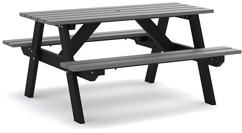 BrackenStyle Eco Harry Picnic Table, 6 Seat, 145cm, 100% Recycled Plastic | A-Frame, Black/Grey, UK Manufacture