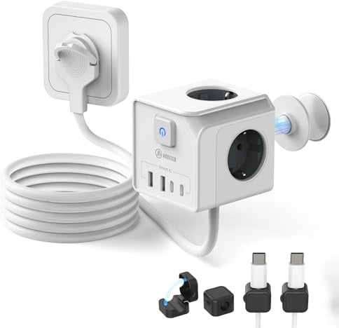 7 in 1 1.4m Steckdosenwürfel mit USB C,3Fach Flachstecker Mehrfachsteckdose | 1.4m Verlängerungskabel für Büro und Zuhause,4 Kabelhaltern, Starkem Magnetfuß & Wandhalterung, 2 USB-A 2 USB-C