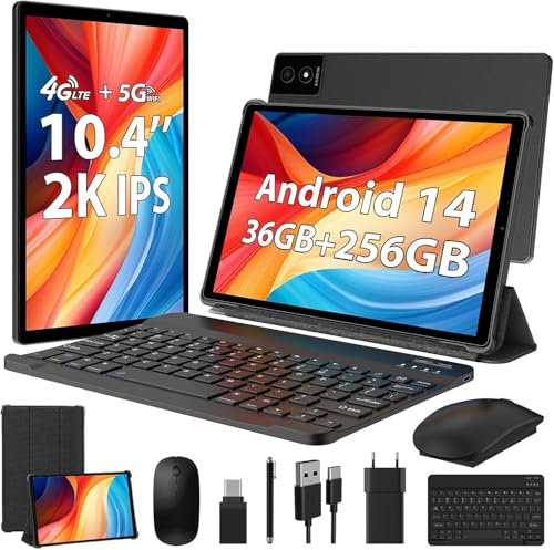 MIXLURE Tablet Android 14 da 10,4 pollici, 5G WiFi e 4G LTE, 2K IPS 2000 x 1200QHD, 36GB RAM + 256GB ROM (1 TB TF), Octa-Core 2.0 GHz, 8000 mAh/8MP+13MP /GMS, tablet con tastiera e mouse, Nero