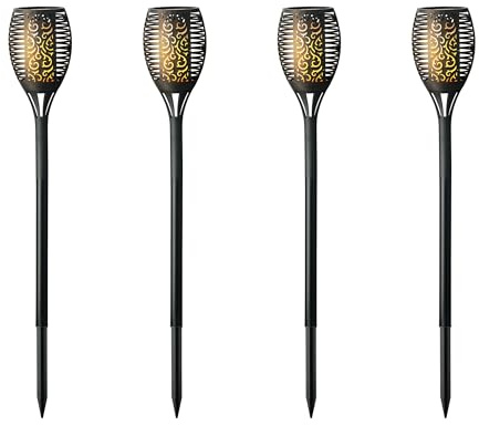Lumineo Solar Gartenbeleuchtung Fackel Flammeneffekt 61cm Kunststoff 4er Set LED Gartenfackel Solarleuchte für Garten - Stabbeleuchtung Außenleuchte Gartenleuchte - Solarlampen für Außen - Warmweiß
