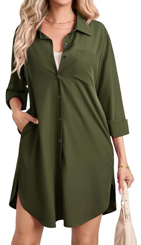 Enmain Womens Long Sleeve Shirt Dress Casual Button Up with Pockets S-3XL | Longline Blouses, Cotton-Polyester Blend, Plain Colour, Loose, Knee-Length, Side Pockets, Rounded Hem, Botton Up, Collar