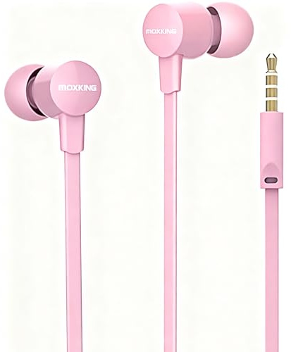 MOXKING Auriculares in-Ear con Cable para Orejas pequeñas, micrófono y Control de Volumen, Cable Plano, Ideal para Mujeres y niños (Rosa)