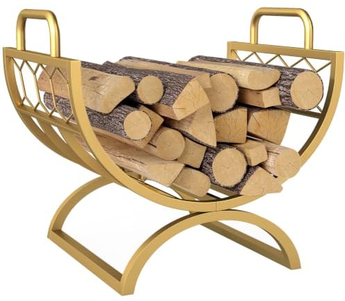 Outsunny Kaminholzregal für innen 46 x 36 x 41 cm Brennholzregal Gold | Mit Griffe, Erhöhter Kaminholzständer, für Kamin Ofen, Feuerholzregal, Kaminholzhalter für Feuerholz Stapelholz, Metall
