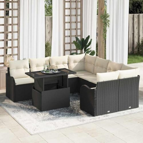 Holamys Gartensofa-Set, 9-teilig, Schwarz, Poly-Rattan, modular, langlebig, für Terrasse, Balkon, UV-beständig, wetterfest, Dining-Set