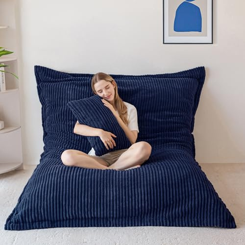 MAXYOYO Sitzsack, Riesen Bean Bag,Cordstoff Abnehmbar,Dunkelblau,135*190*25 | Großes Bodenkissen für Erwachsene&Kinder, Cordstoff Abnehmbar, Flauschiger Schaumstoff Füllung, 3-in-1 vielfältig umwandelbar