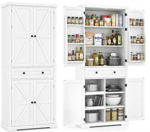 COSTWAY Küchenschrank hoch, 184 cm Vorratsschrank für Küche, Buffetschrank mit 4 verstellbaren Regalen, 2 Schiebetabletts, 4 Türen & Schublade, Aufbewahrungsschrank freistehend für Esszimmer (Weiß)