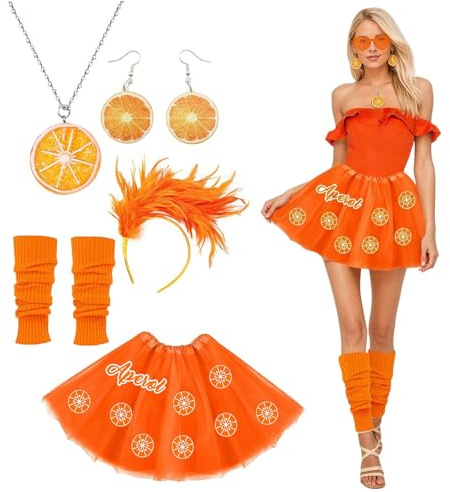 80er 90er Jahre Outfit Damen, Rock + Haarband + Halskette + Schuhe + Ohrringe, Kleidung Mottoparty Accessoires,Karnevalskostüme Damen,Orange Kostüm,Faschingskostüme Damen