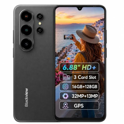 Blackview Wave 10C 4G AI Smartphone ohne Vertrag, 6,88 HD+ Display, 16GB+128GB(2TB Externe), 3 KI-Smart-Assistenten, 32MP+13MP Kamera, 3-Karten-Slot, Android 16 Dual SIM Handy, GPS, Schwarz