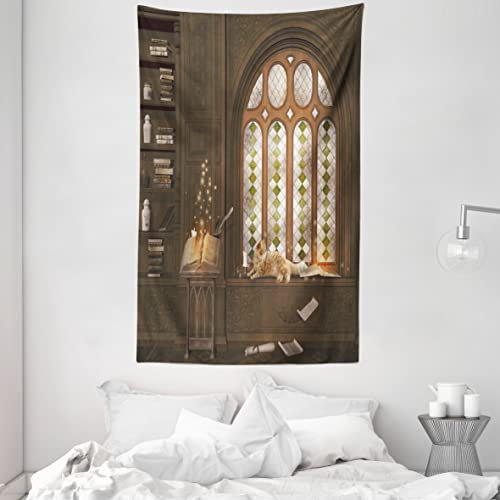 ABAKUHAUS Bibliothek Wandteppich und Tagesdecke, Mittelalterliche Bibliothek Katze aus Weiches Mikrofaser Stoff Waschbar ohne Verblassen Digitaldruck, 140 x 230 cm, Taupe