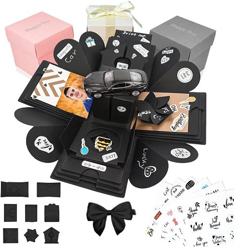 HAPPY BOX ® – Überraschungsbox – hochwertiges Papier & Verarbeitung – Explosionsbox mit modernen Stickern und Stift – DIY Box – Explosionsbox Hochzeit inkl. Anleitung (Schwarz)