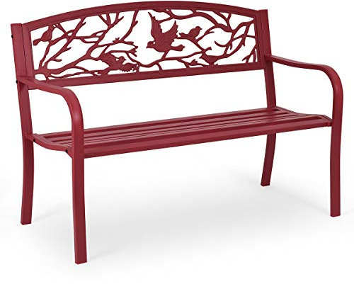 COSTWAY Banc de Jardin Structure Stable Banquette de Jardin Motif Oiseaux et Branches - pour Parc Terrasse Balcon 123 x 60 x 88 cm Rouge