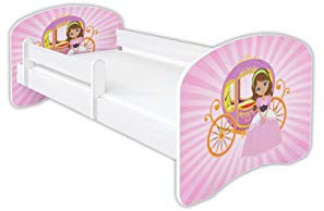 Clamaro 'Schlummerland' Kinderbett 80x160 (bis 150kg belastbar) mit Motiv, Rausfallschutz, Kantenschutz, Matratze und Lattenrost | Jugendbett Weiß | Motiv: 15 Prinzessin Kutsche